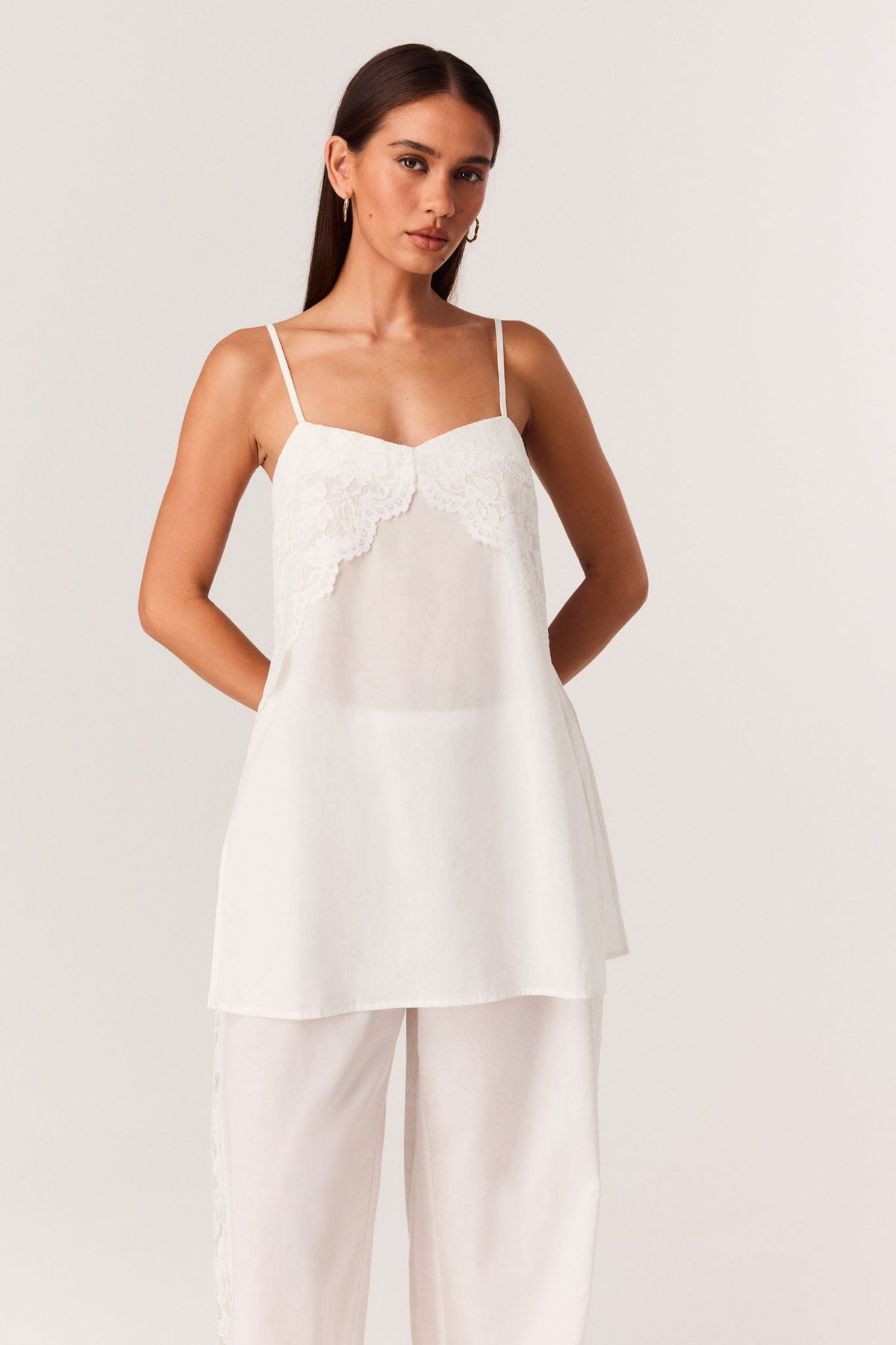 Image of a model wearing Tops. Productname: SNDYS AMARIS LACE TOP in White colour by brand - SNDYS