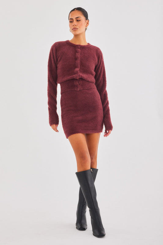 Image of a model wearing Outerwear. Productname: SNDYS KAILEY KNIT CARDIGAN in Cranberry colour by brand - SNDYS