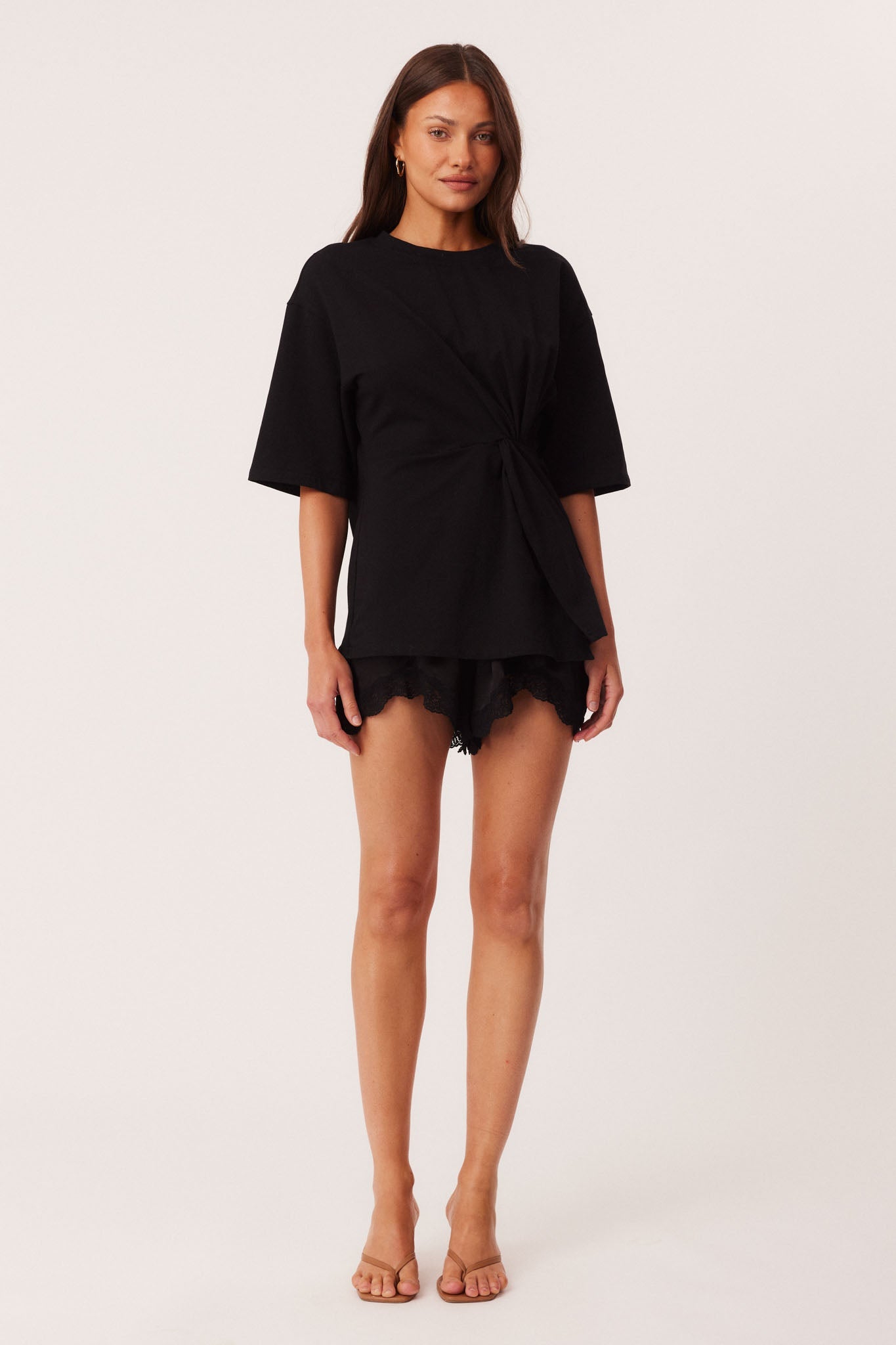 Image of a model wearing Shorts. Productname: SNDYS TAMMI LACE SHORTS in Black colour by brand - SNDYS