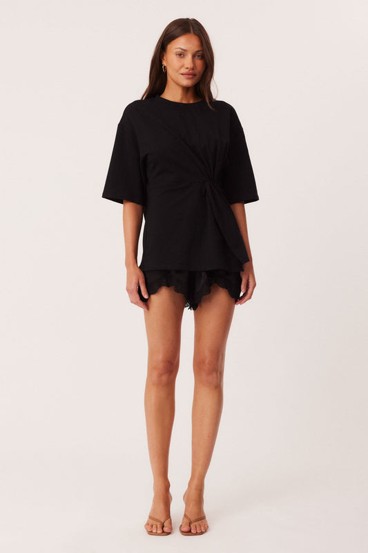 Image of a model wearing Shorts. Productname: SNDYS TAMMI LACE SHORTS in Black colour by brand - SNDYS