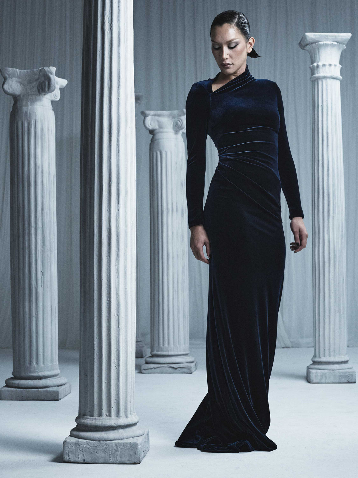 Carla Zampatti Velvet Asymmetric Neck Detail Gown (Navy)