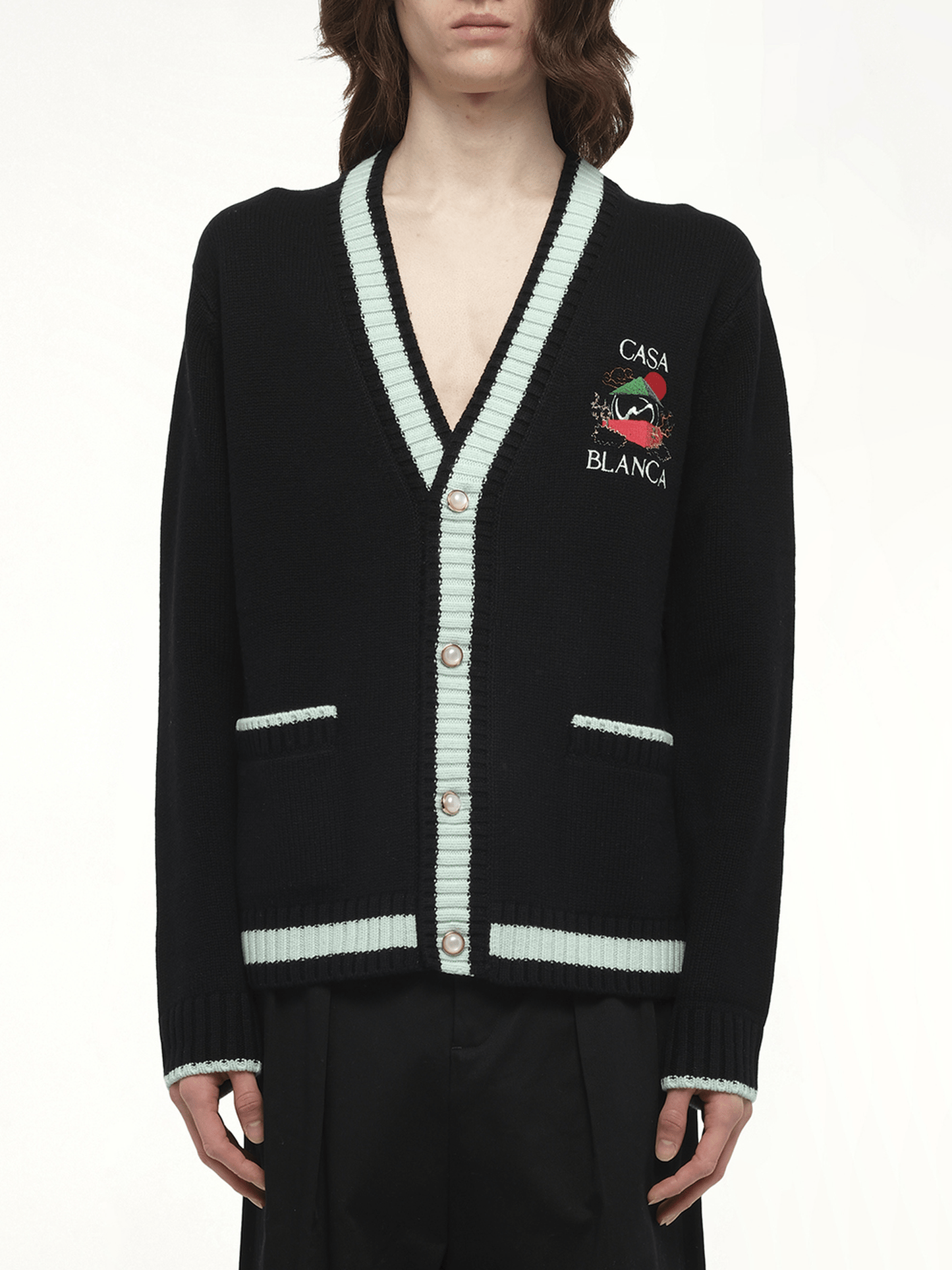 Image of a model wearing Outerwear. Productname: CASABLANCA Casa Mountain Cardigan in BLACK colour by brand - CASABLANCA