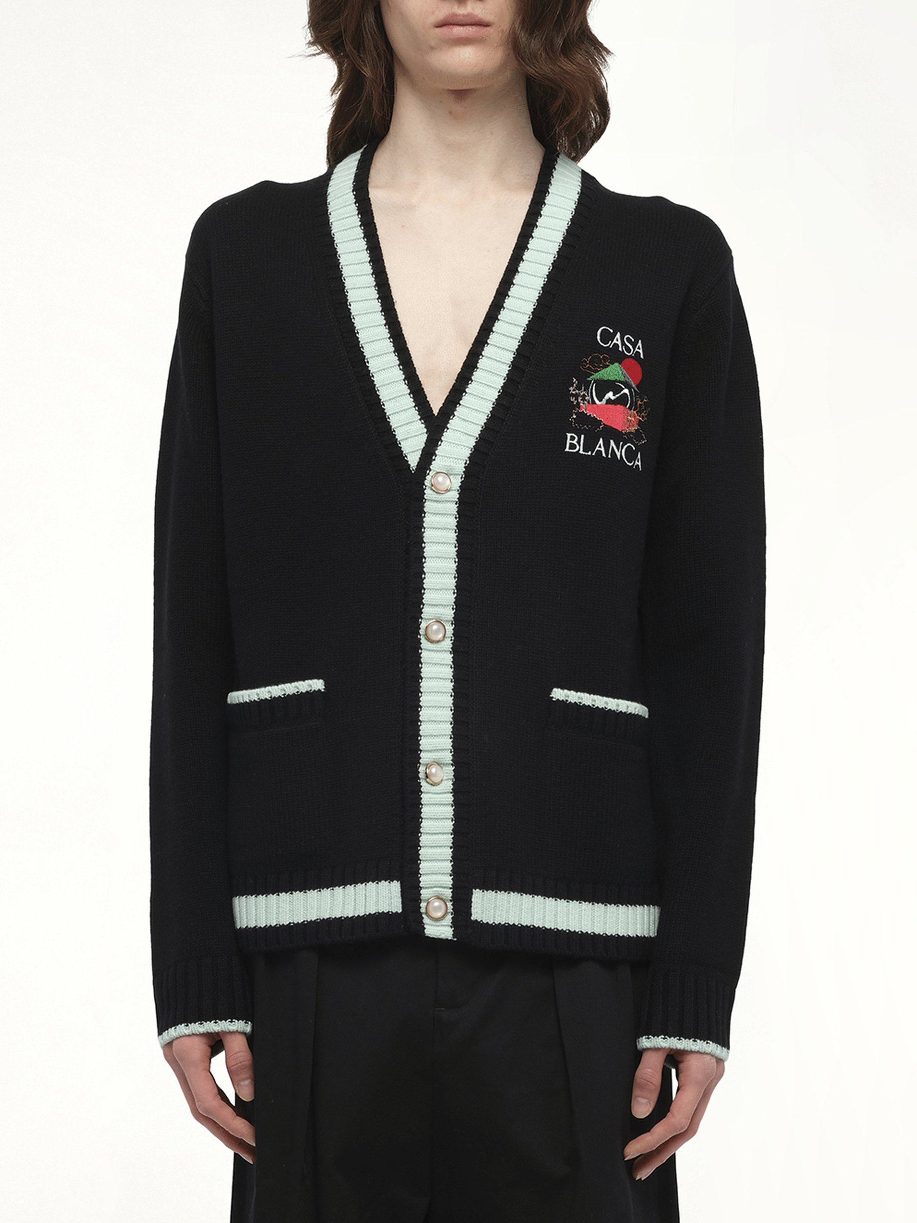 Image of a model wearing Outerwear. Productname: CASABLANCA Casa Mountain Cardigan in BLACK colour by brand - CASABLANCA