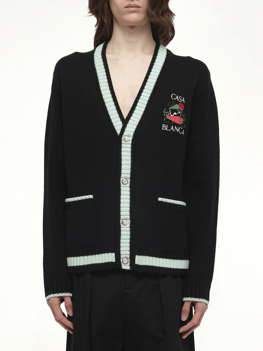 Image of a model wearing Outerwear. Productname: CASABLANCA Casa Mountain Cardigan in BLACK colour by brand - CASABLANCA