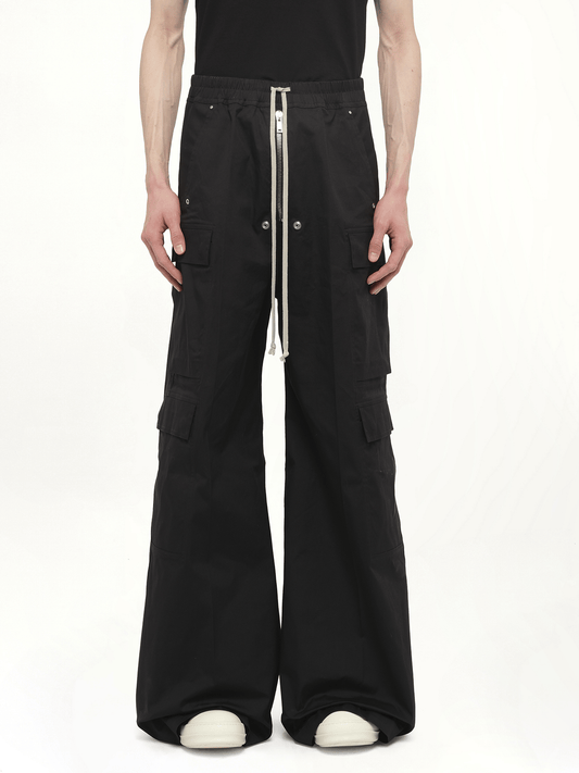 Image of a model wearing Pants. Productname: RICK OWENS Cargobelas Pants in Black colour by brand - RICK OWENS