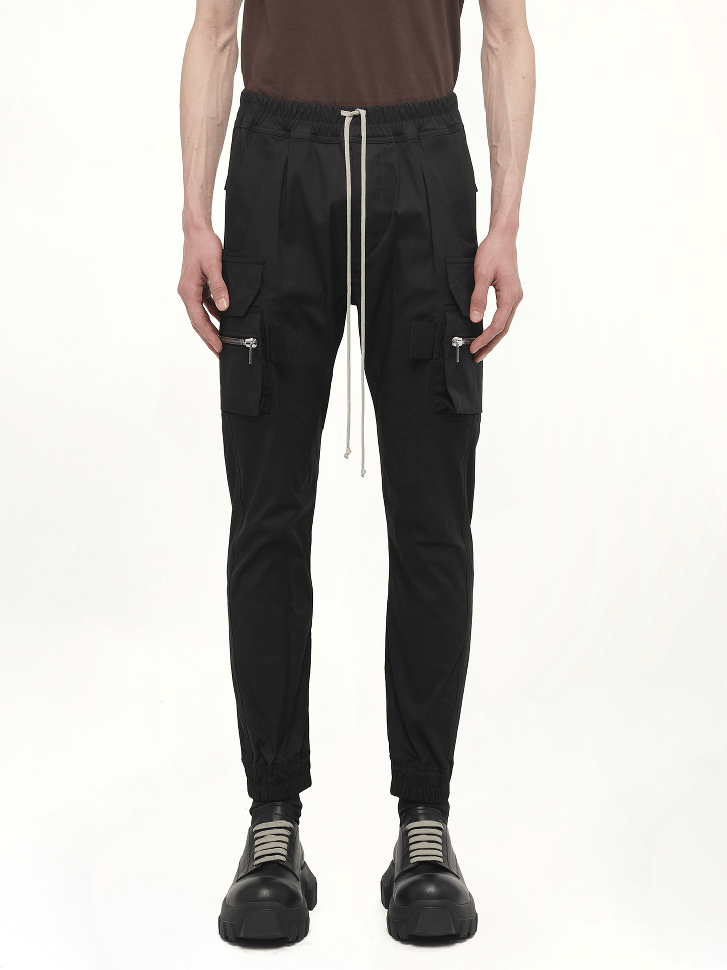 Image of a model wearing Pants. Productname: RICK OWENS Mastodon Cargo Pants in Black colour by brand - RICK OWENS