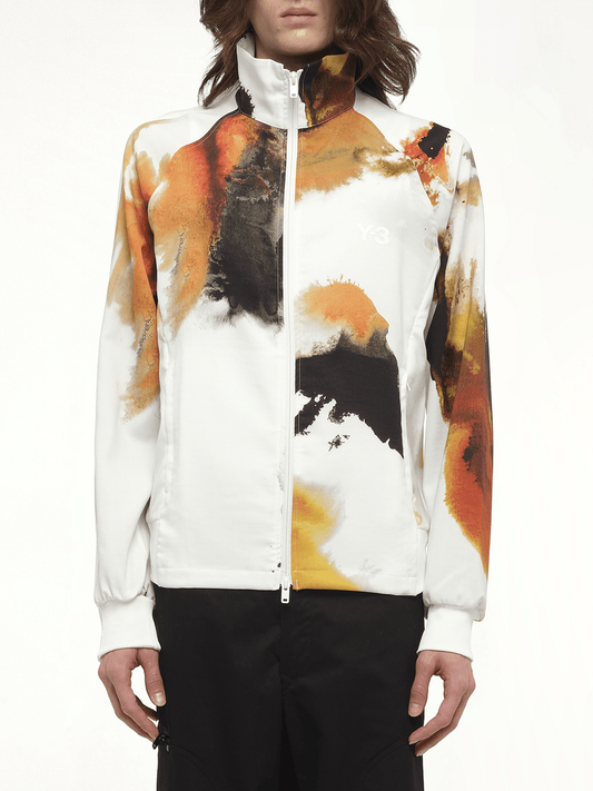 Image of a model wearing Tops. Productname: Y-3 Aop Track Top 3-Stripes in White colour by brand - Y-3