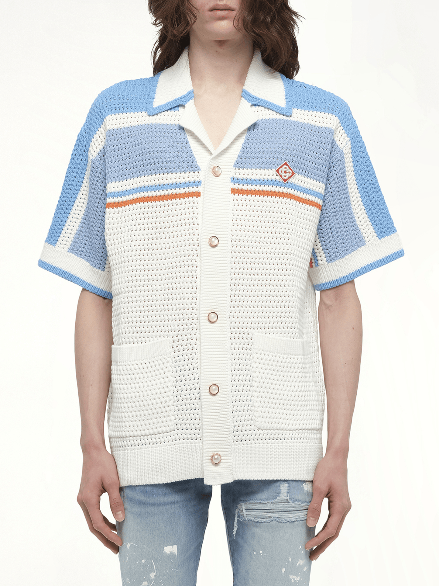 Image of a model wearing Tops. Productname: CASABLANCA Faux Crochet Shirt in BLUE colour by brand - CASABLANCA