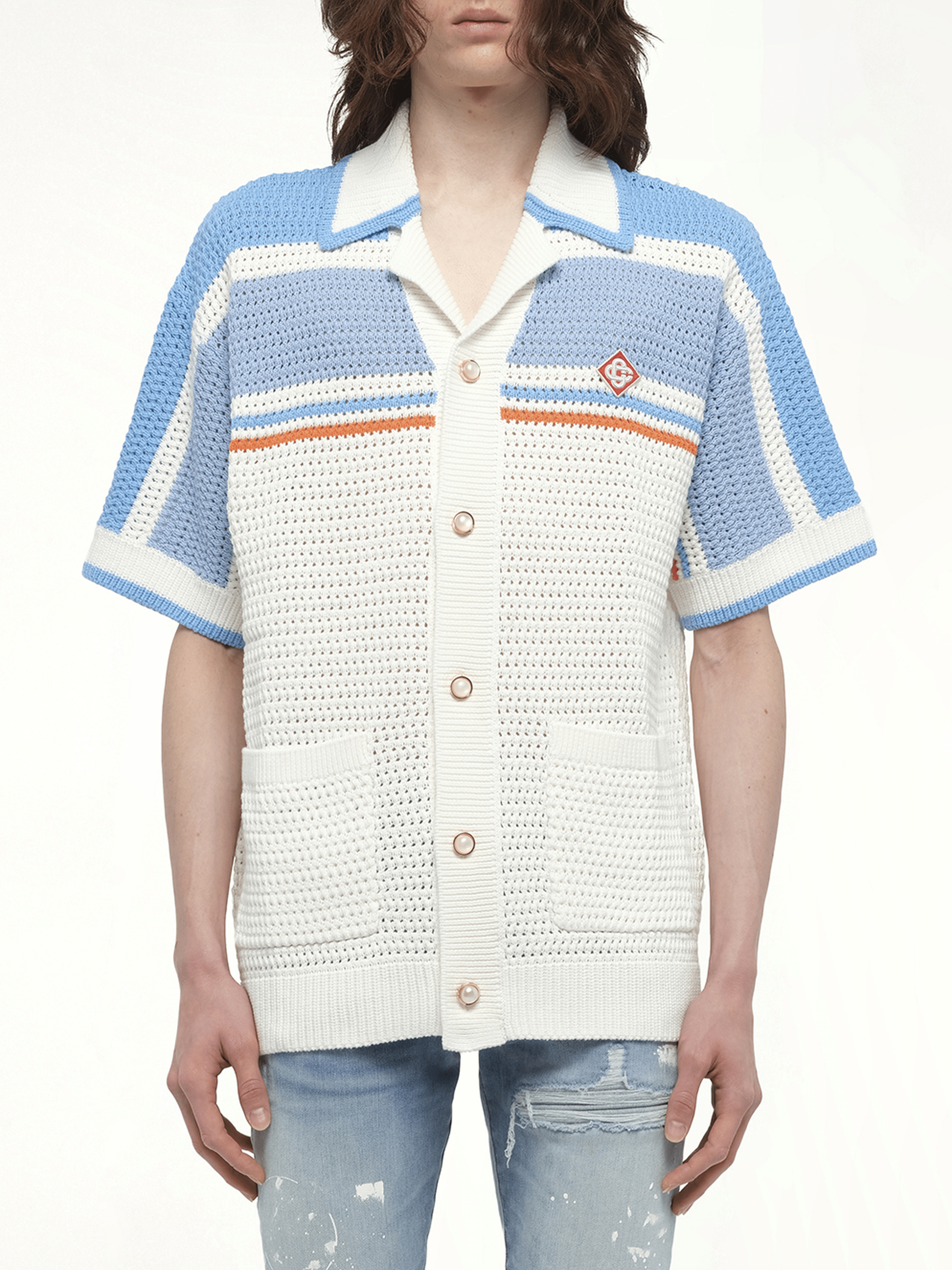 Image of a model wearing Tops. Productname: CASABLANCA Faux Crochet Shirt in BLUE colour by brand - CASABLANCA