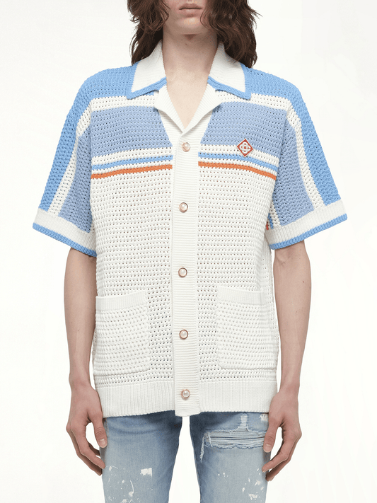 Image of a model wearing Tops. Productname: CASABLANCA Faux Crochet Shirt in BLUE colour by brand - CASABLANCA