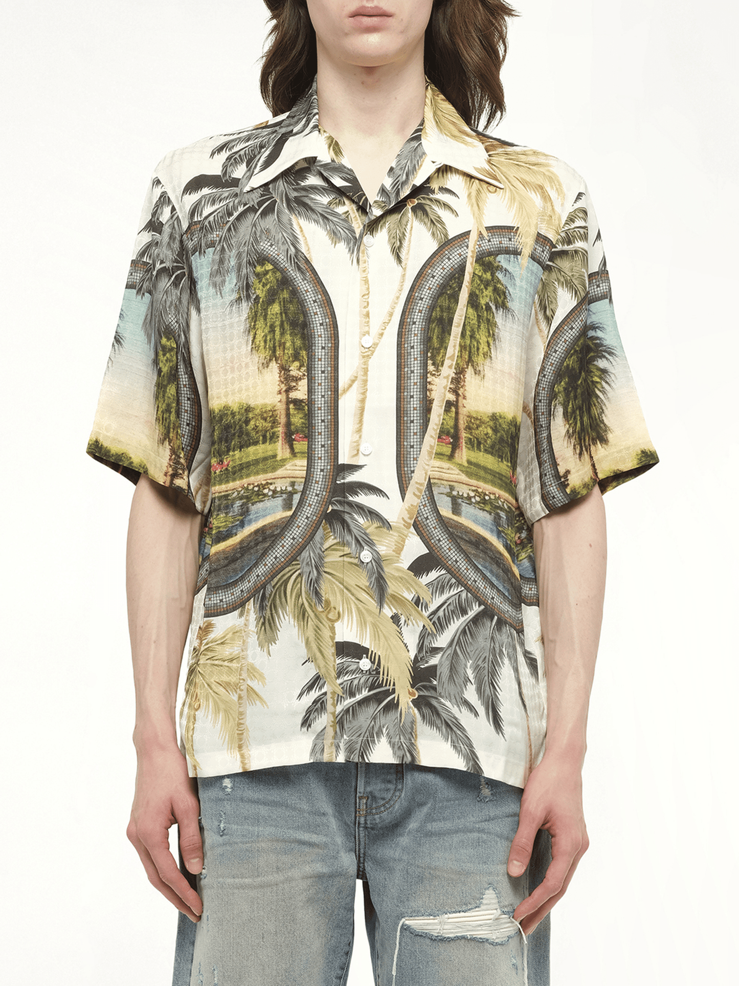 Image of a model wearing Tops. Productname: AMIRI Paradise Bowling Shirt in MULTICOLOUR colour by brand - AMIRI