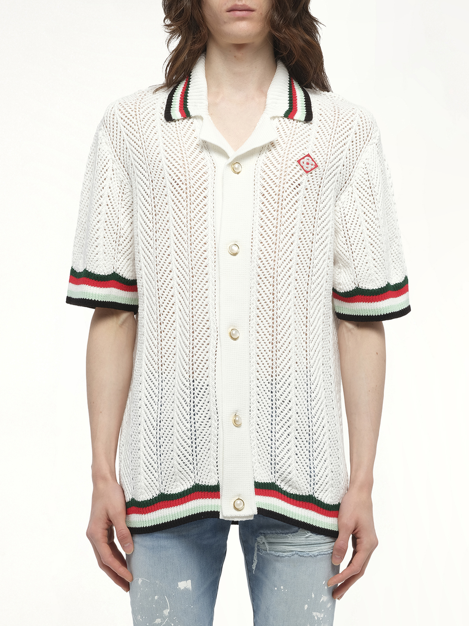 Image of a model wearing Tops. Productname: CASABLANCA Sporty Crochet Shirt in MULTICOLOUR colour by brand - CASABLANCA