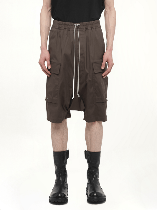 Image of a model wearing Shorts. Productname: RICK OWENS Cargo Pods in Brown colour by brand - RICK OWENS