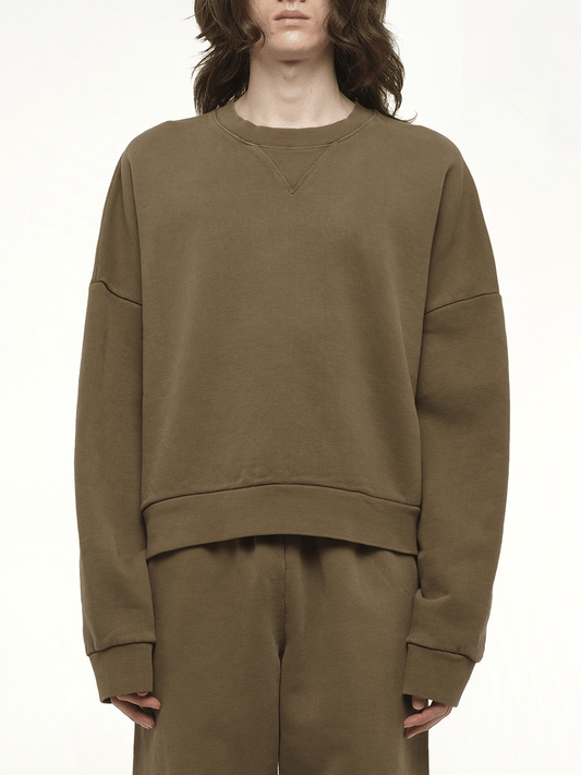 Image of a model wearing Outerwear. Productname: ENTIRE STUDIOS Box Sweatshirt in BROWN colour by brand - ENTIRE STUDIOS