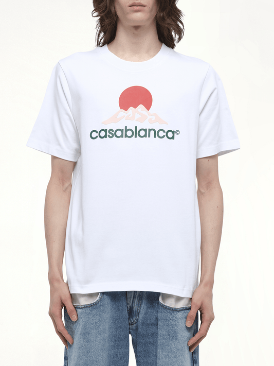 Image of a model wearing Tops. Productname: CASABLANCA Casablanca Montagne T-Shirt in White colour by brand - CASABLANCA