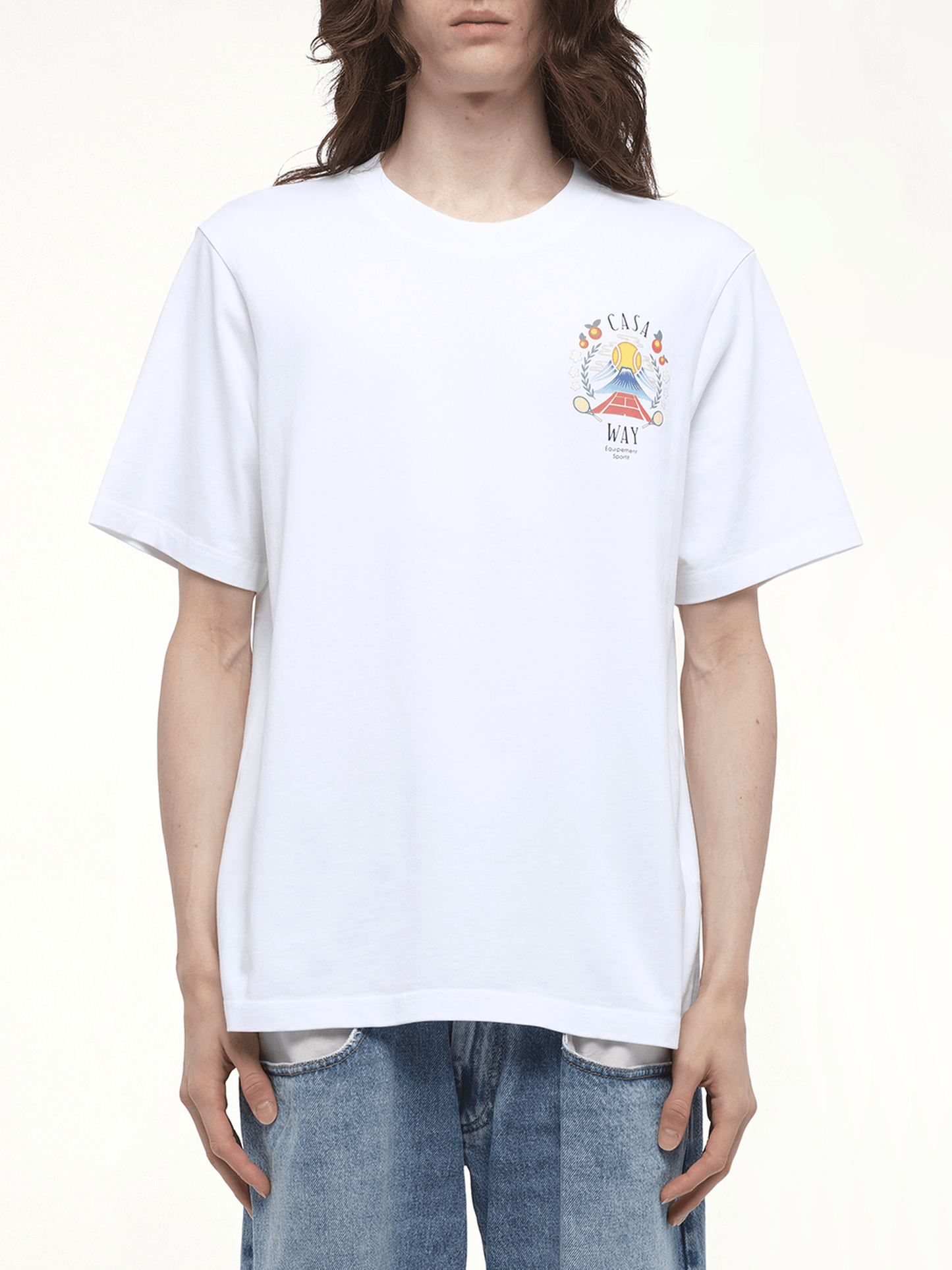 Image of a model wearing Tops. Productname: CASABLANCA Casaway Mountain T-Shirt in White colour by brand - CASABLANCA