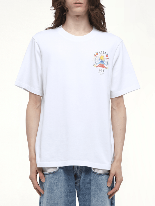 Image of a model wearing Tops. Productname: CASABLANCA Casaway Mountain T-Shirt in White colour by brand - CASABLANCA