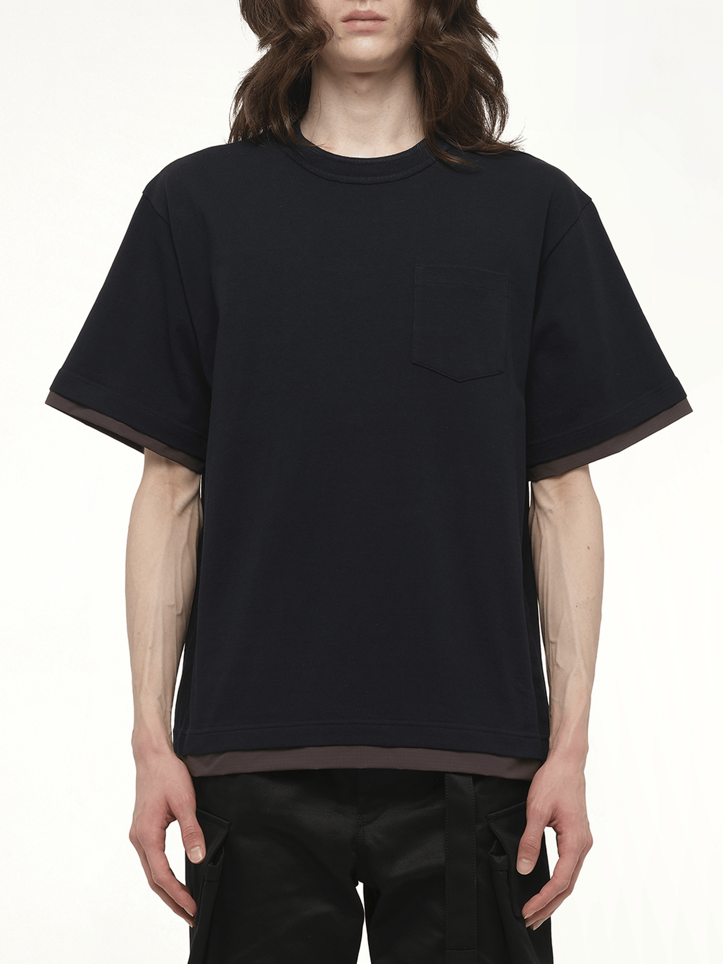Image of a model wearing Tops. Productname: SACAI Cotton Jersey T-Shirt in Navy colour by brand - SACAI