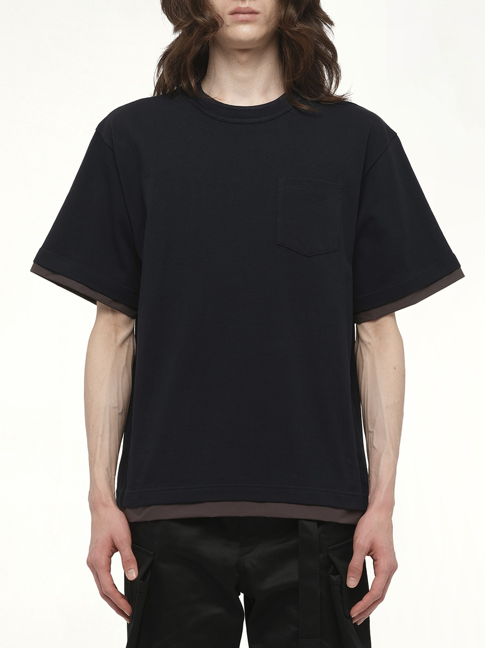 Image of a model wearing Tops. Productname: SACAI Cotton Jersey T-Shirt in Navy colour by brand - SACAI