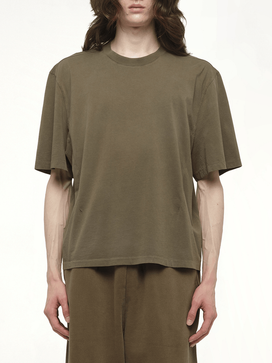 Image of a model wearing Tops. Productname: ENTIRE STUDIOS Dart T-Shirt in BROWN colour by brand - ENTIRE STUDIOS