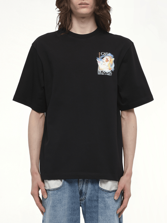 Image of a model wearing Tops. Productname: CASABLANCA Galactic Connection T-Shirt in Black colour by brand - CASABLANCA