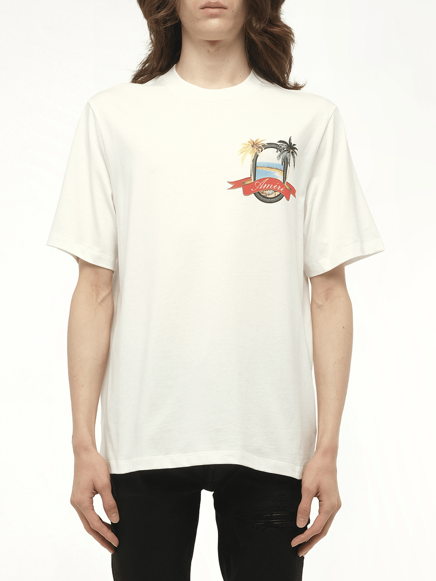 Image of a model wearing Tops. Productname: AMIRI MA Paradise T-Shirt in WHITE colour by brand - AMIRI