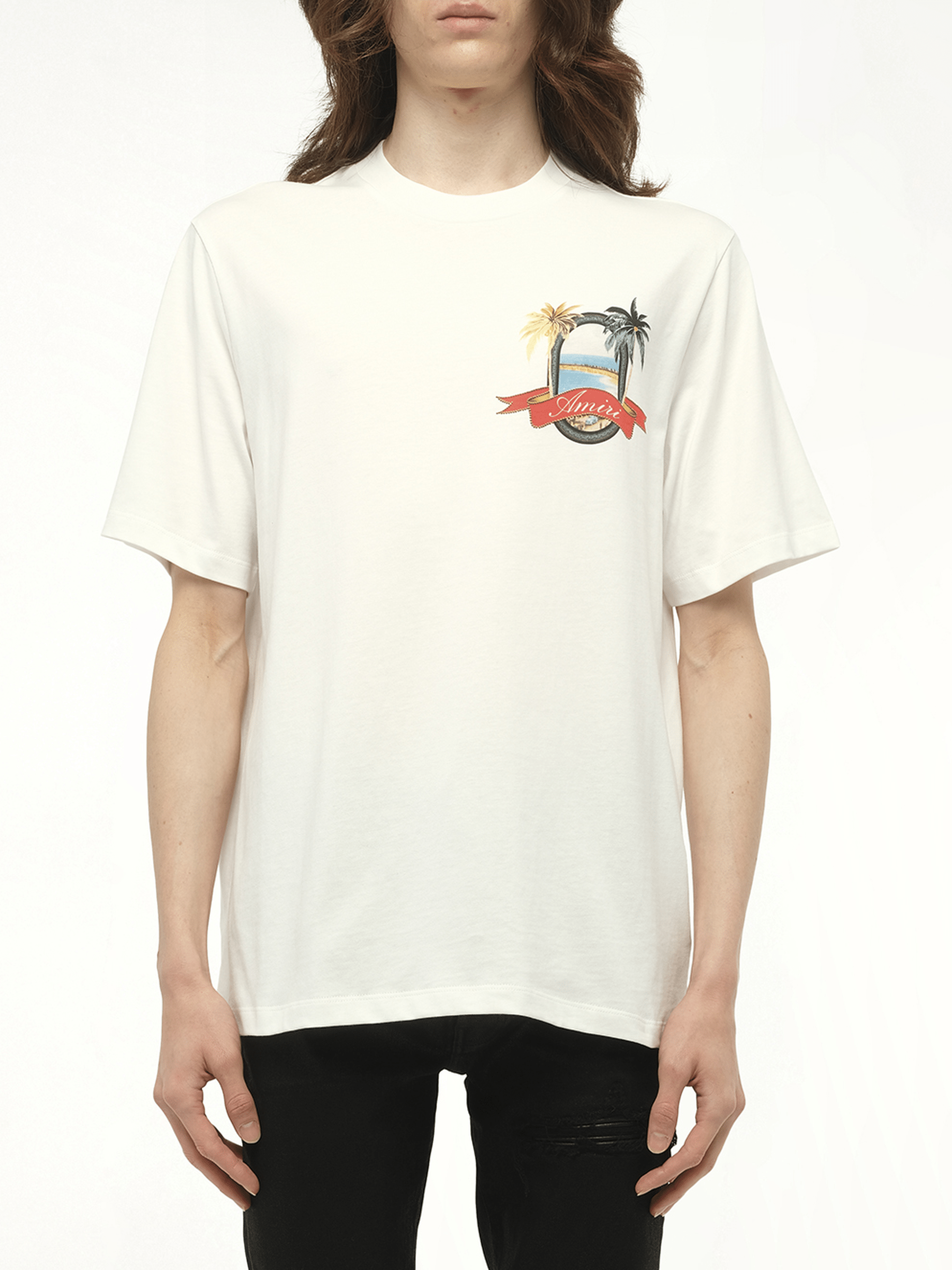 Image of a model wearing Tops. Productname: AMIRI MA Paradise T-Shirt in WHITE colour by brand - AMIRI
