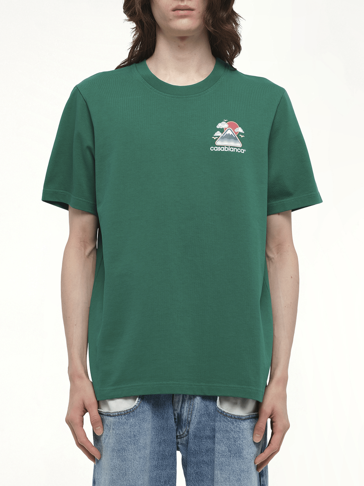 Image of a model wearing Tops. Productname: CASABLANCA Montagne Ondulee T-Shirt in Green colour by brand - CASABLANCA