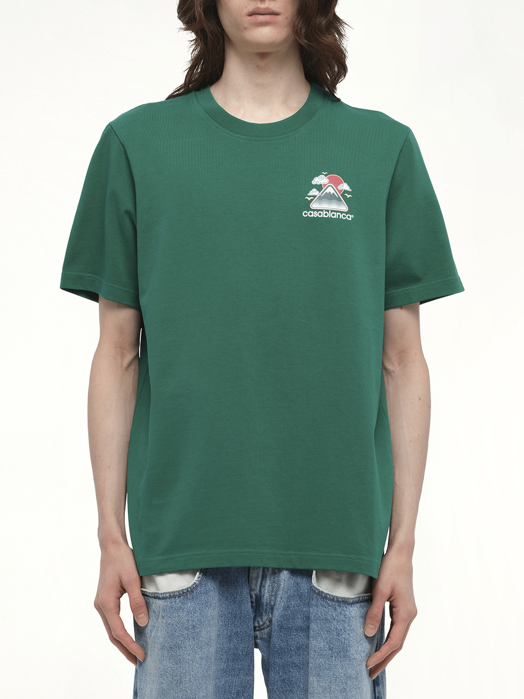 Image of a model wearing Tops. Productname: CASABLANCA Montagne Ondulee T-Shirt in Green colour by brand - CASABLANCA