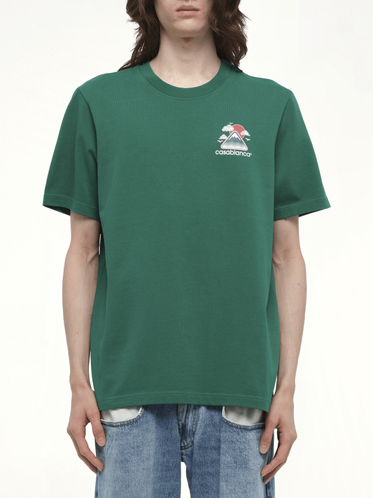 Image of a model wearing Tops. Productname: CASABLANCA Montagne Ondulee T-Shirt in Green colour by brand - CASABLANCA