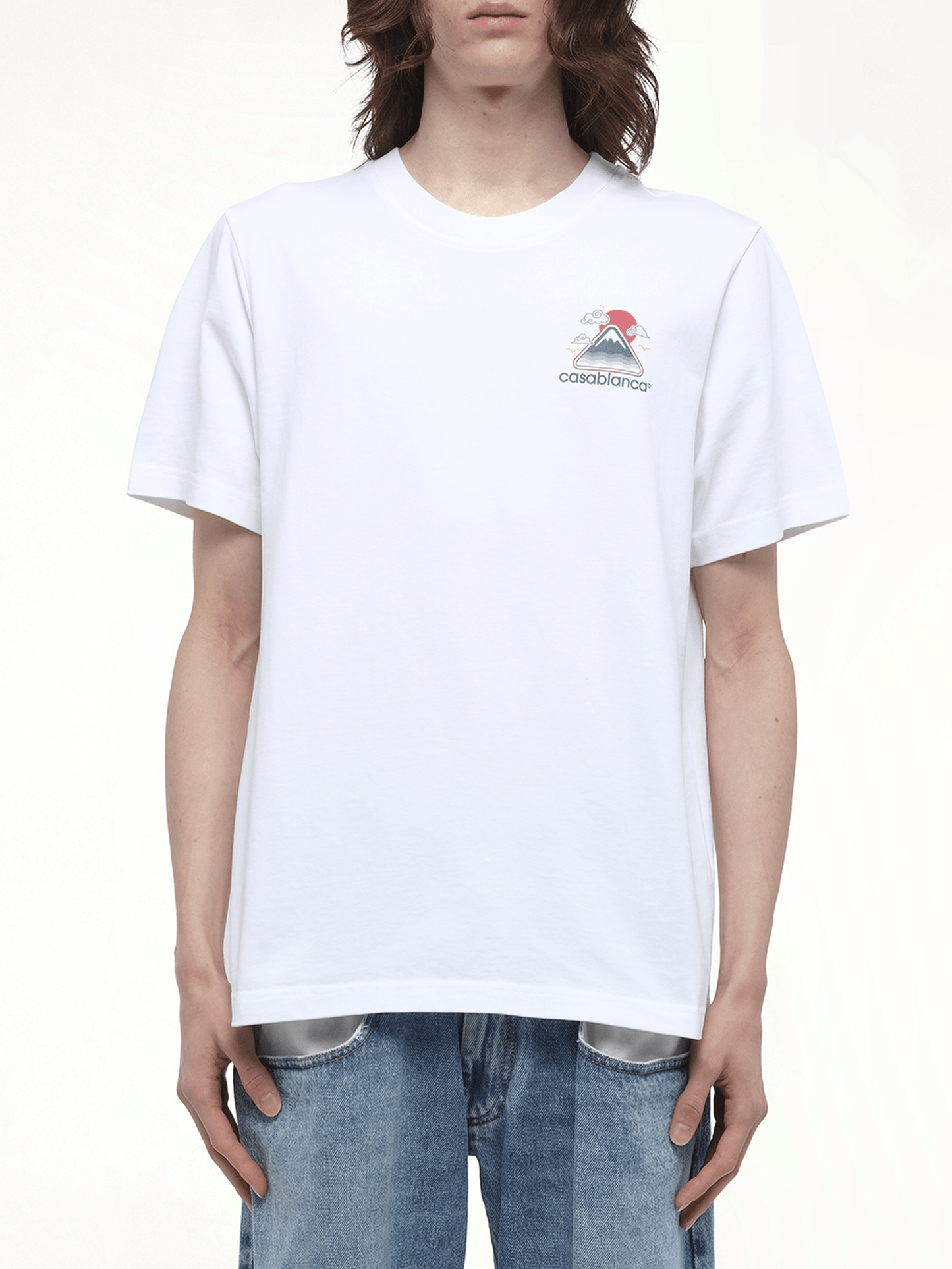 Image of a model wearing Tops. Productname: CASABLANCA Motagne Ondulee T-Shirt in White colour by brand - CASABLANCA