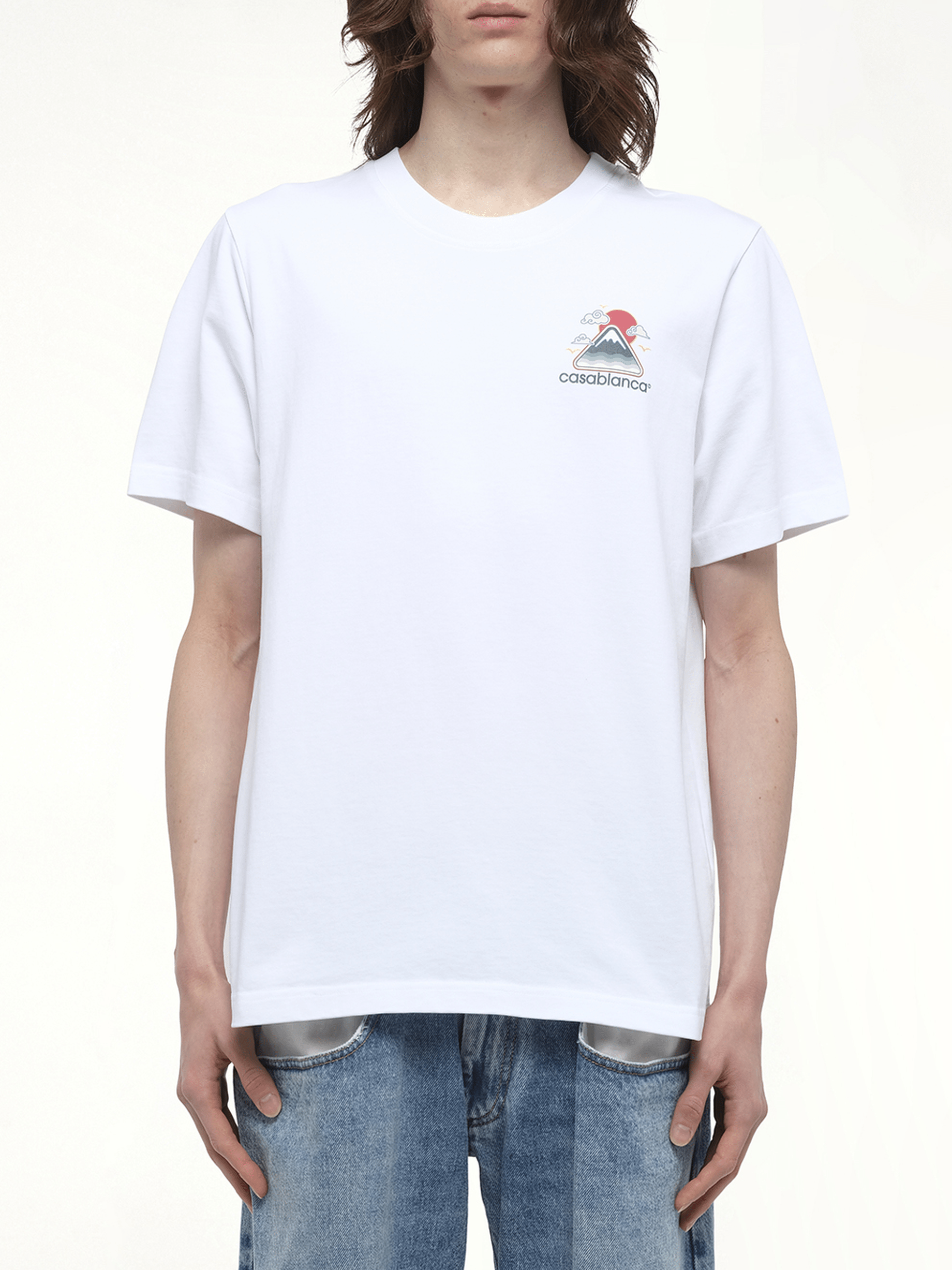 Image of a model wearing Tops. Productname: CASABLANCA Motagne Ondulee T-Shirt in White colour by brand - CASABLANCA
