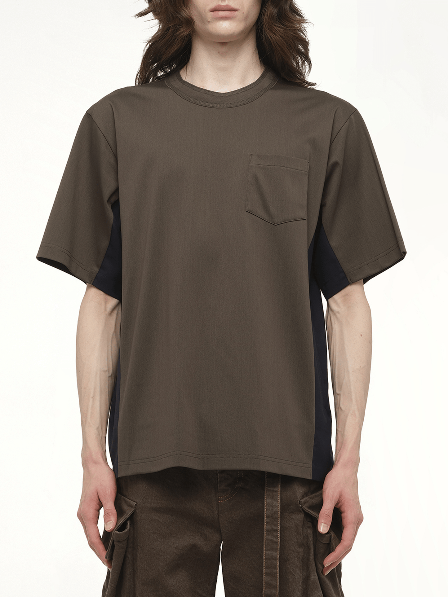 Image of a model wearing Tops. Productname: SACAI Suiting x Cotton Jersey T-Shirt in Green colour by brand - SACAI