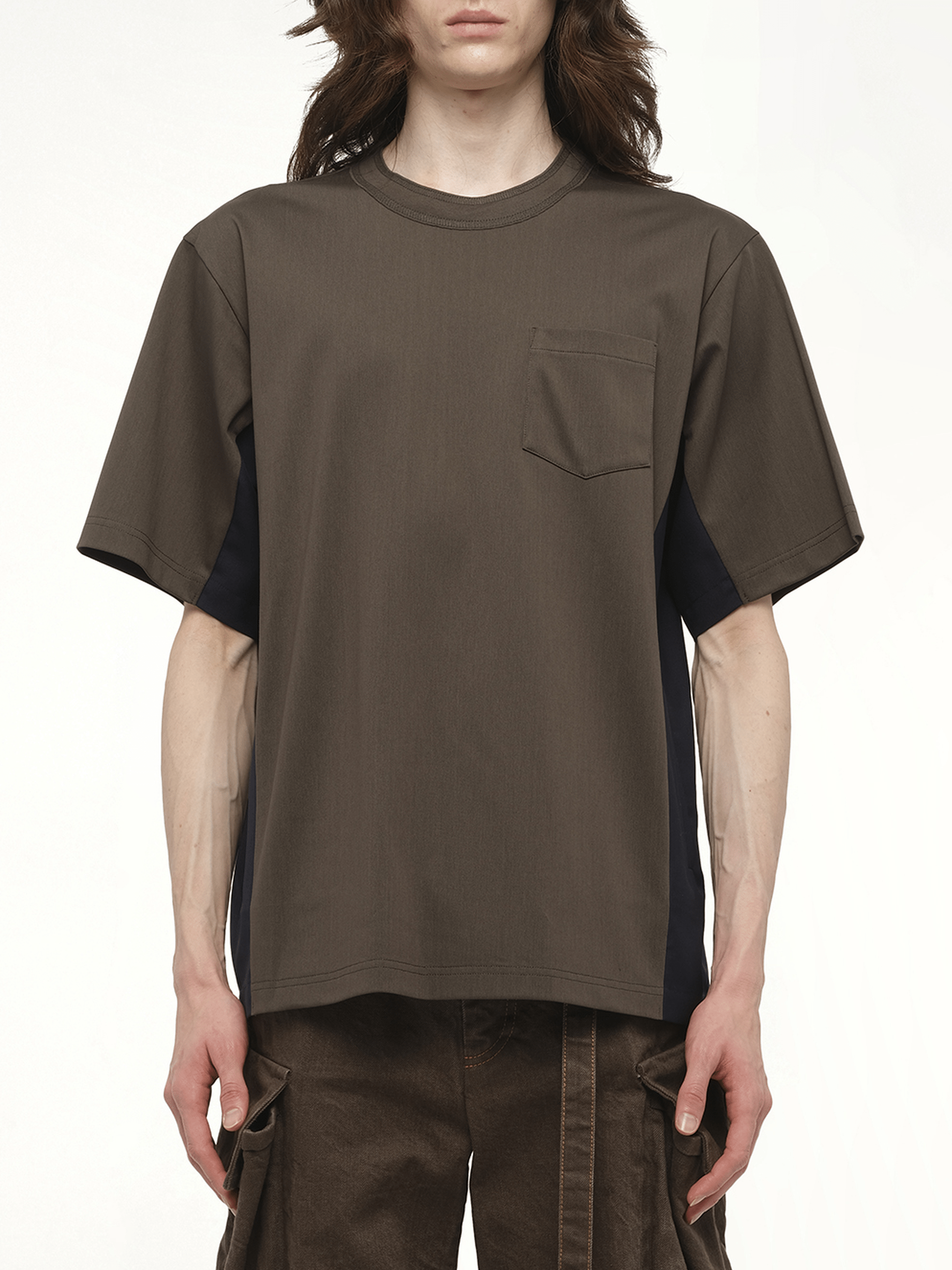 Image of a model wearing Tops. Productname: SACAI Suiting x Cotton Jersey T-Shirt in Green colour by brand - SACAI