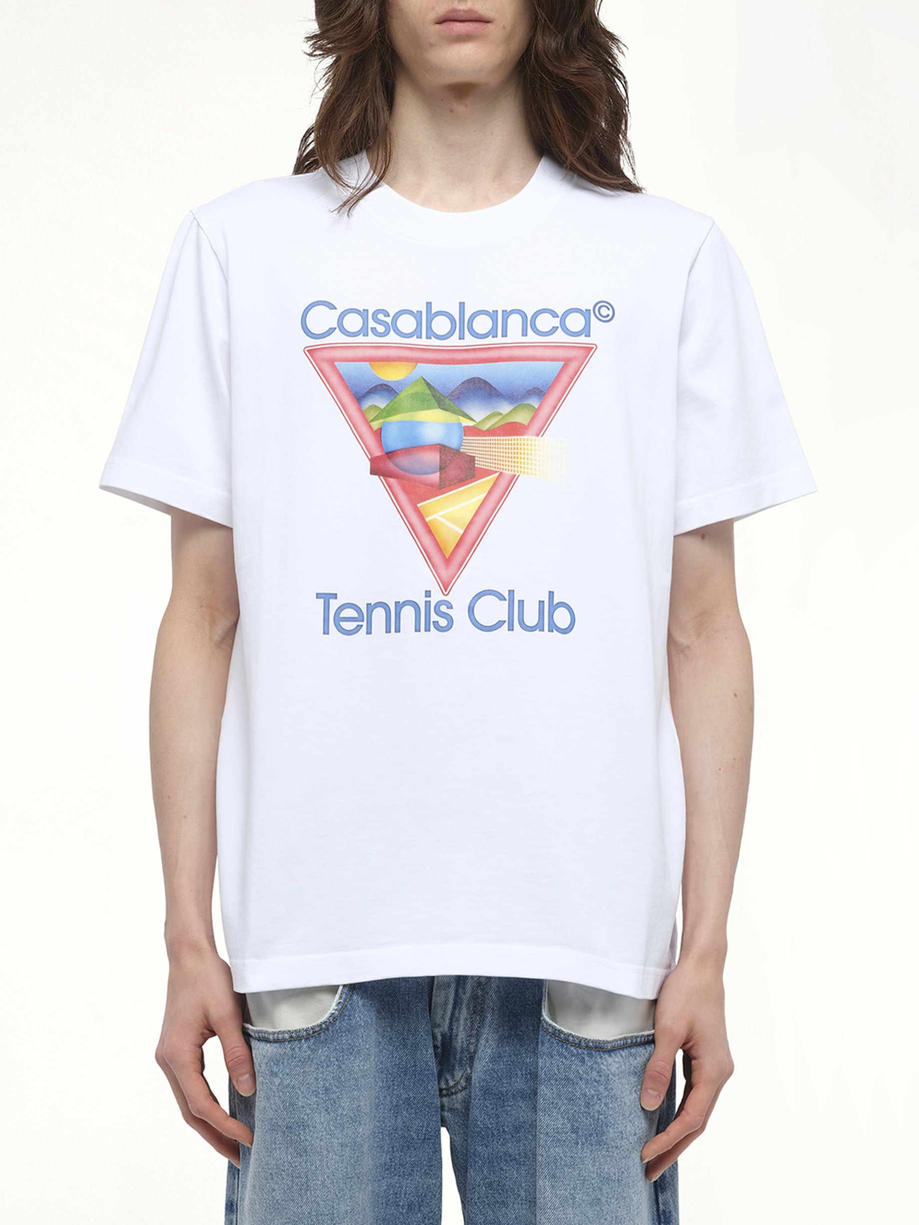 Image of a model wearing Tops. Productname: CASABLANCA Tennis Club Icon T-Shirt in White colour by brand - CASABLANCA