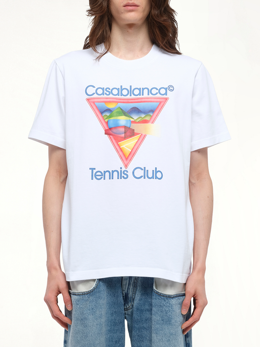 Image of a model wearing Tops. Productname: CASABLANCA Tennis Club Icon T-Shirt in White colour by brand - CASABLANCA