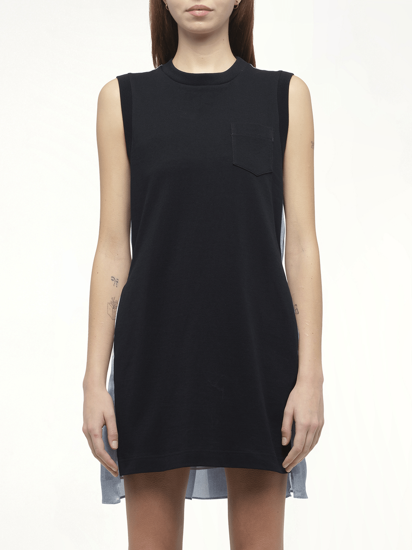 Image of a model wearing Tops. Productname: SACAI Denim x Cotton Jersey Dress in Navy colour by brand - SACAI