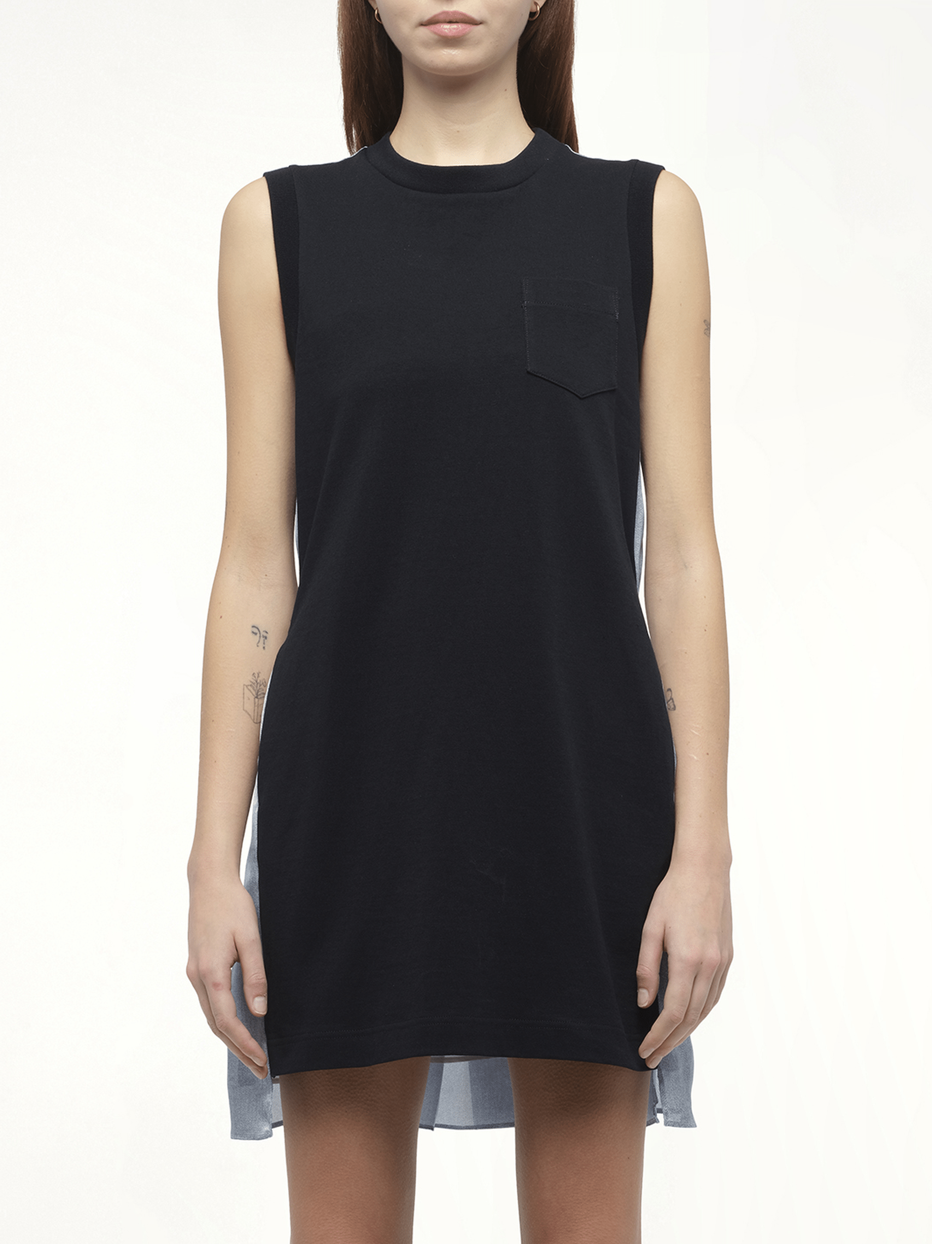 Image of a model wearing Tops. Productname: SACAI Denim x Cotton Jersey Dress in Navy colour by brand - SACAI
