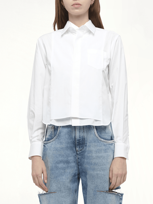 Image of a model wearing Tops. Productname: SACAI Layered Poplin Shirt in White colour by brand - SACAI