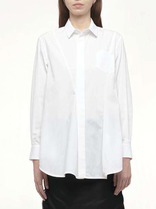 Image of a model wearing Tops. Productname: SACAI Poplin Shirt in White colour by brand - SACAI