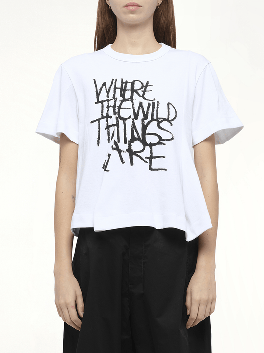Image of a model wearing Tops. Productname: SACAI WHERE THE WILD THINGS ARE Cotton Jersey T-Shirt in White colour by brand - SACAI