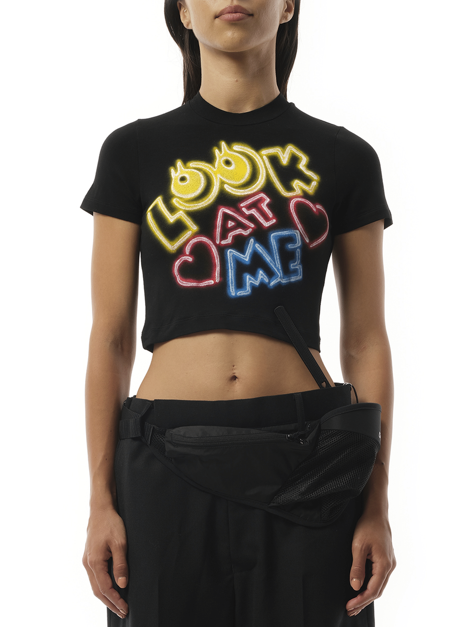Image of a model wearing Tops. Productname: DOUBLET English Fan-Service Neon Paint T-Shirt in Black colour by brand - DOUBLET