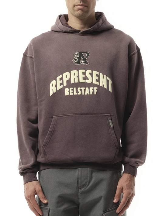 Image of a model wearing Outerwear. Product name - Represent X Belstaff Flame Phoenix Hoodie in Purple colour by brand - REPRESENT