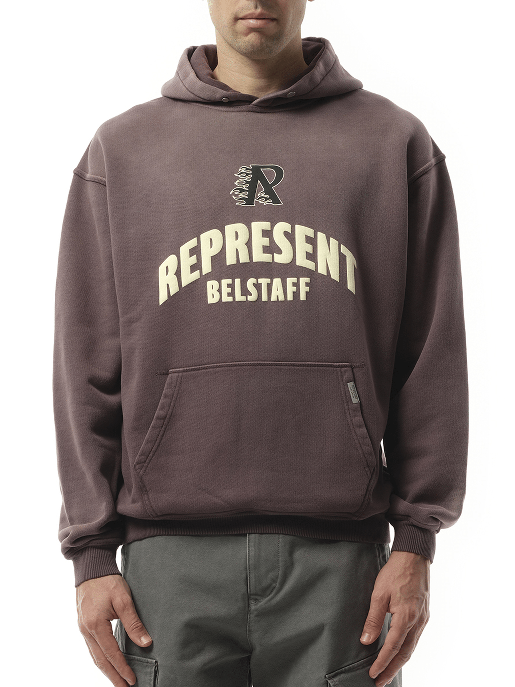 Image of a model wearing Outerwear. Product name - Represent X Belstaff Flame Phoenix Hoodie in Purple colour by brand - REPRESENT