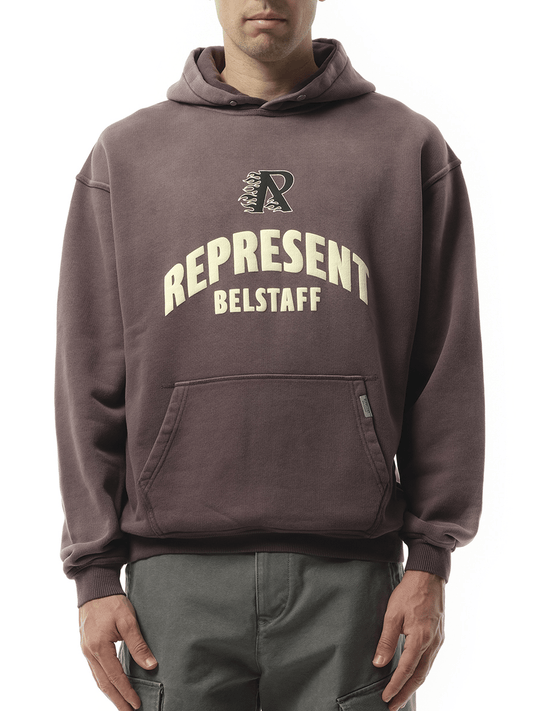 Image of a model wearing Outerwear. Product name - Represent X Belstaff Flame Phoenix Hoodie in Purple colour by brand - REPRESENT
