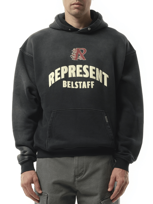 Image of a model wearing Outerwear. Productname: REPRESENT Represent X Belstaff Flame Pheonix Hoodie in BLACK colour by brand - REPRESENT