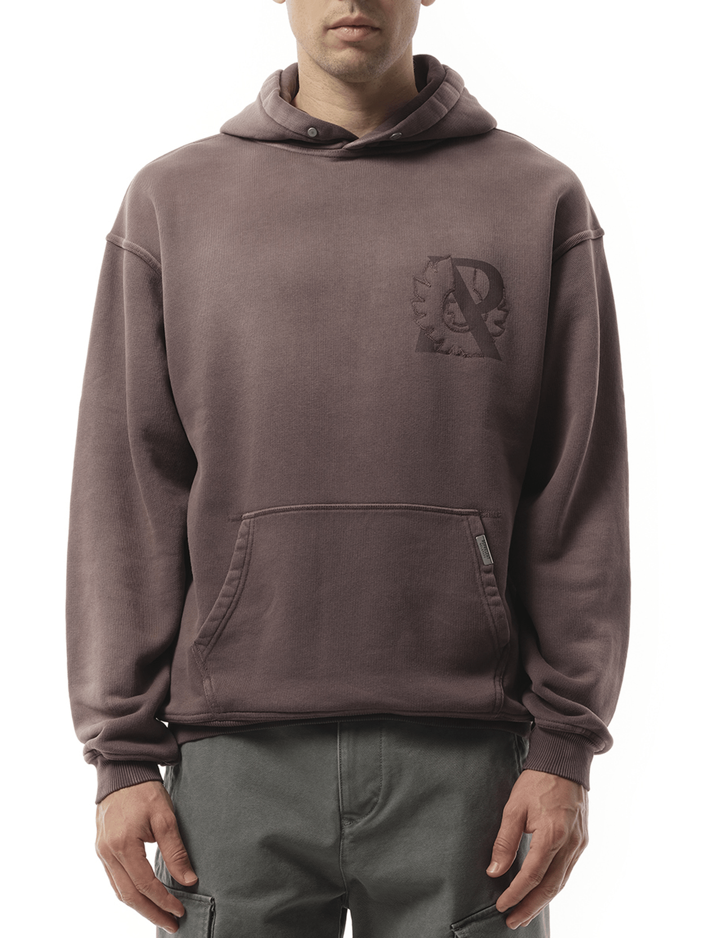 Image of a model wearing Outerwear. Product name - Represent X Belstaff Outline Phoenix Hoodie in Purple colour by brand - REPRESENT