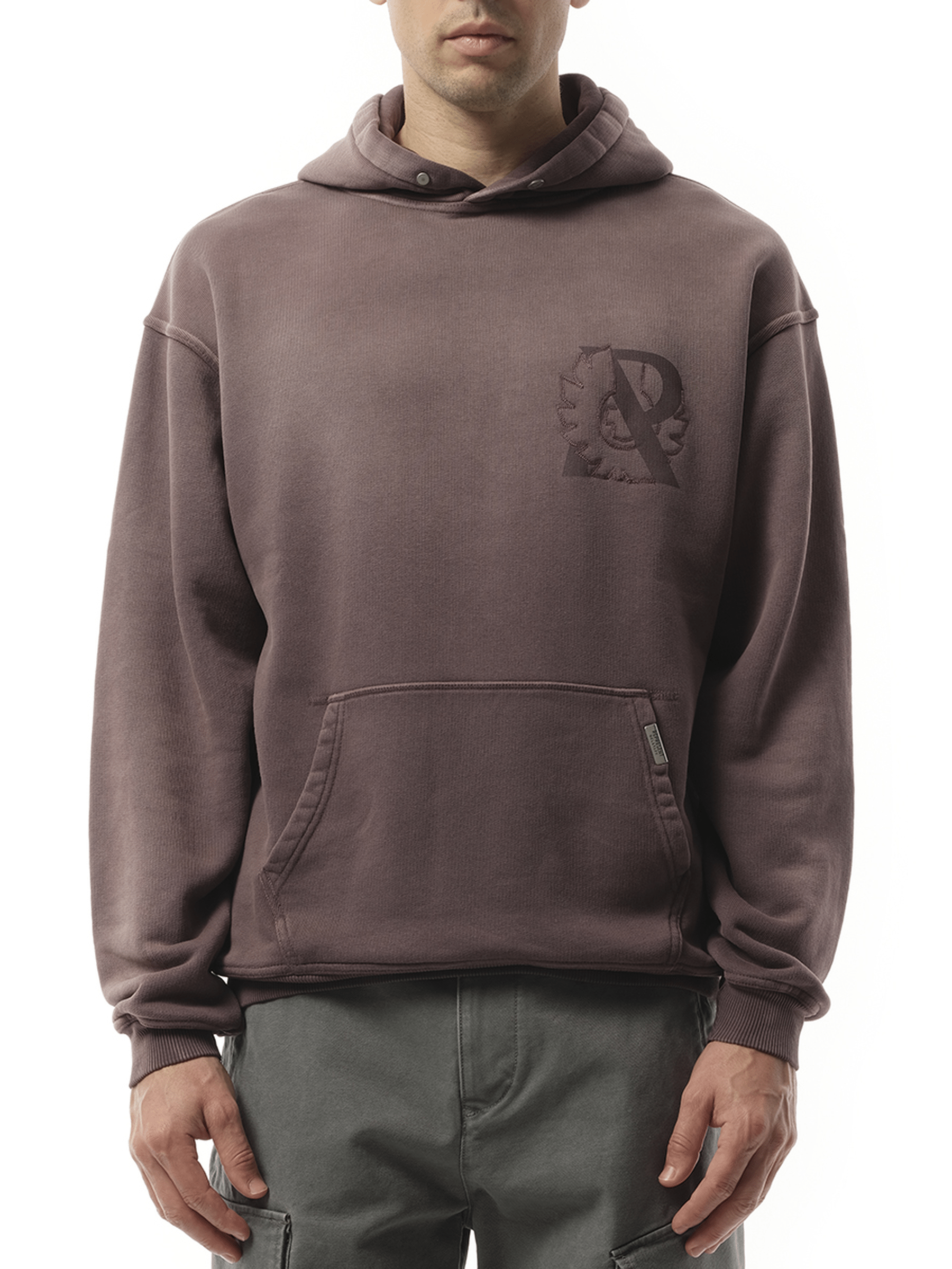 Image of a model wearing Outerwear. Product name - Represent X Belstaff Outline Phoenix Hoodie in Purple colour by brand - REPRESENT