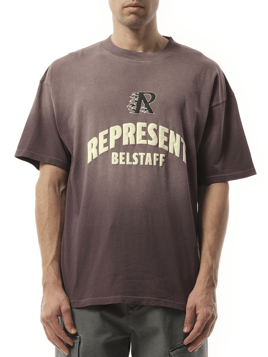 Image of a model wearing Tops. Productname: REPRESENT Represent X Belstaff Flame Pheonix T-Shirt in PURPLE colour by brand - REPRESENT