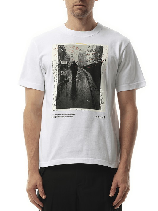 Image of a model wearing Tops. Productname: SACAI James Dean Photo T-Shirt in WHITE colour by brand - SACAI
